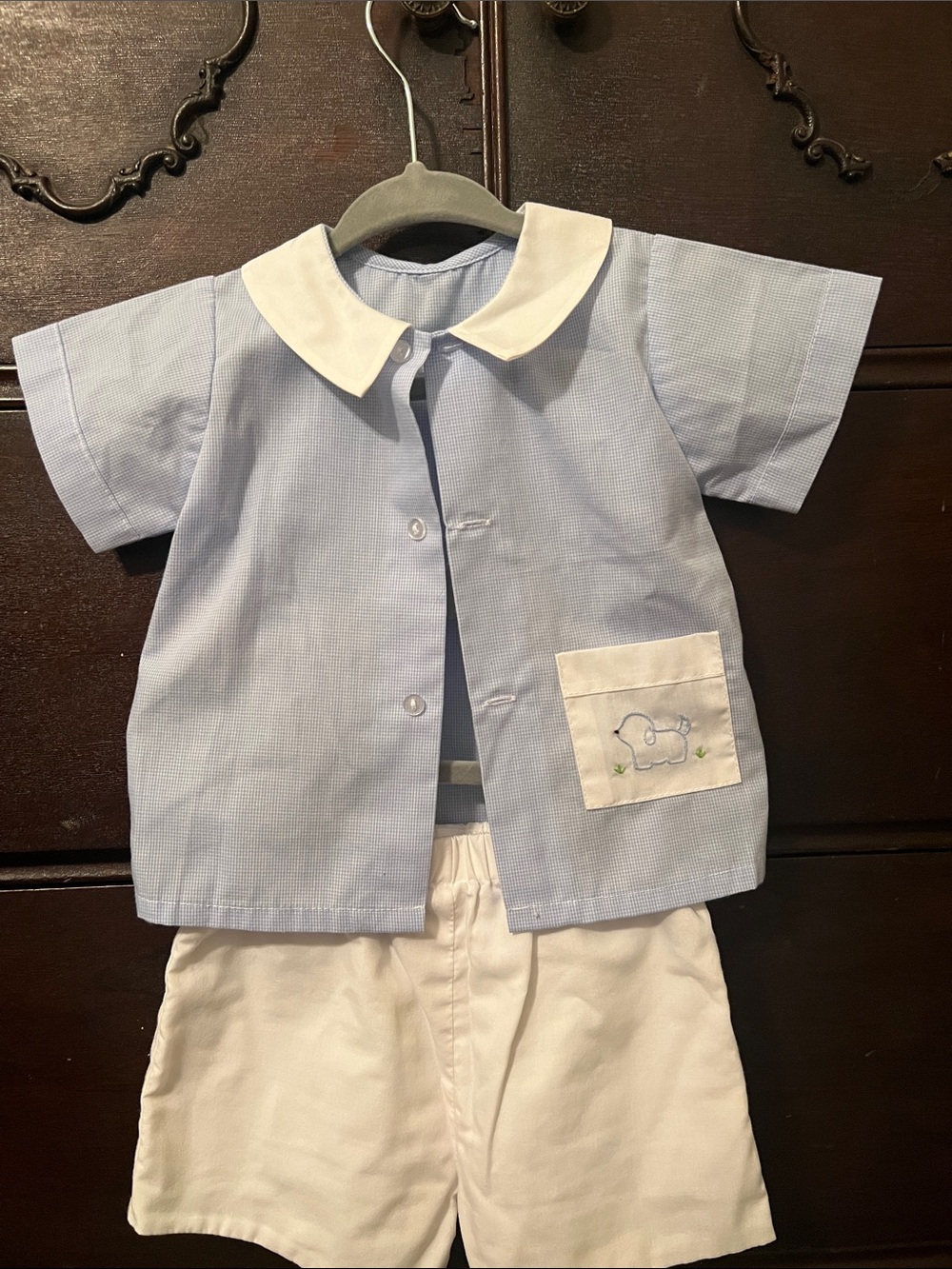 Remember Nguyen Light Blue & White Baby Shirt and Shorts Set w Puppy Embroidery